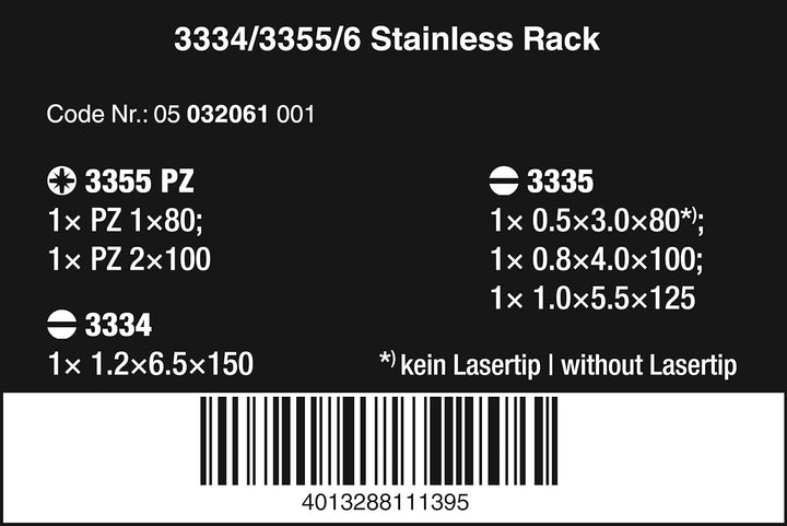 Wera 3334/3355/6 Schraubendrehersatz, Edelstahl + Rack, 6-teilig, 05032061001