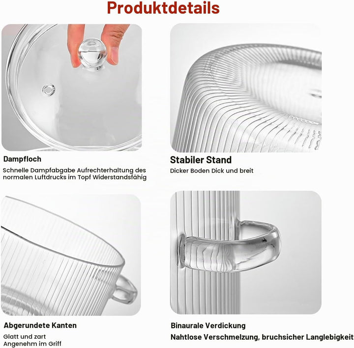 Bleifreies Kochgeschirr Set aus Borosilikatglas Ofen und Mikrowellenfeste Töpfe und Pfannen mit Deck