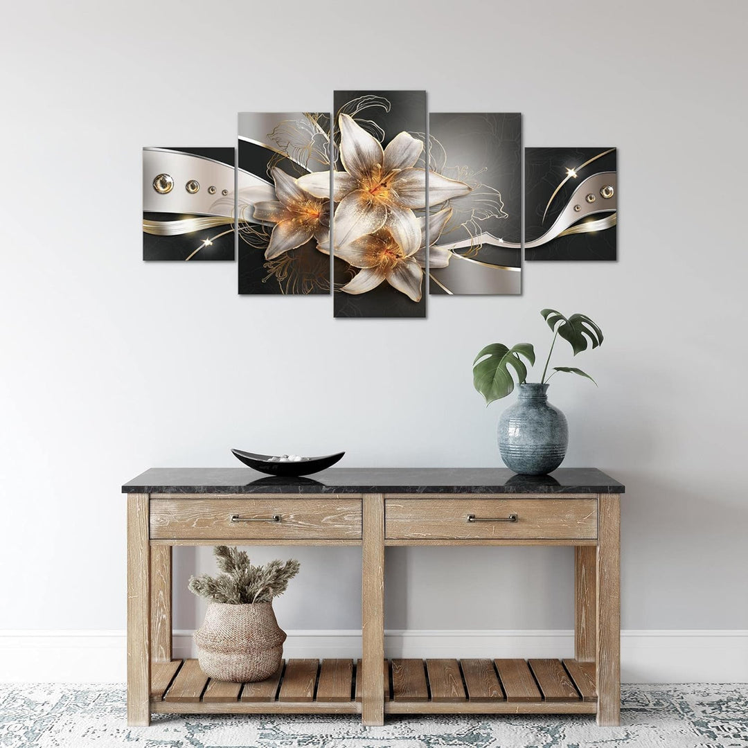 Runa Art Wandbilder Blumen Lilien 5 Teilig Bild auf Vlies Leinwand Deko Wohnzimmer Abstrakt Gelb Gol