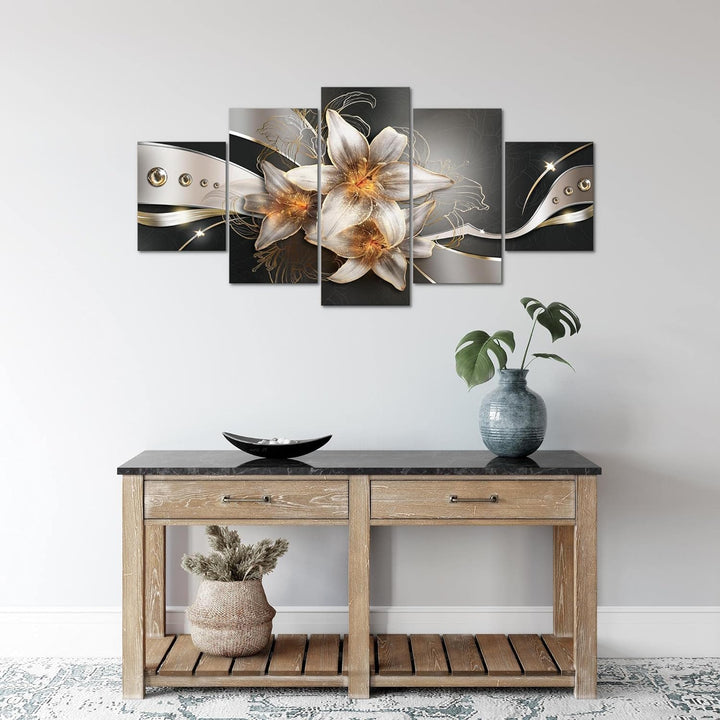 Runa Art Wandbilder Blumen Lilien 5 Teilig Bild auf Vlies Leinwand Deko Wohnzimmer Abstrakt Gelb Gol