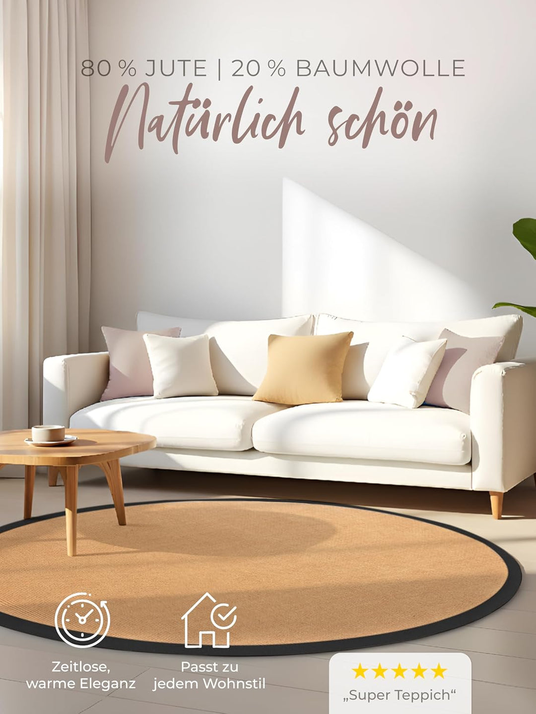 carpetfine Sisalteppich Rund Schwarz Ø 80 | Moderner Teppich für Wohn- und Schlafzimmer Ø 80 cm Schw