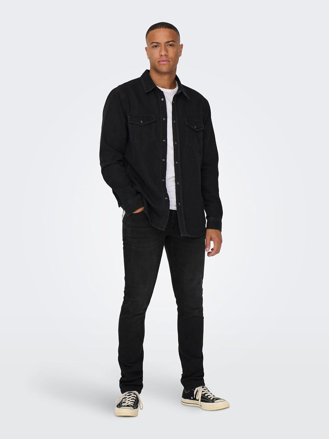 ONLY &amp; SONS Male Jeanshemd Normal geschnitten Hemdkragen Hemd XS Dark Grey Denim, XS Dark Grey Denim