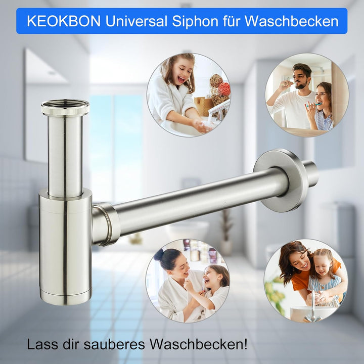 Siphon Universal für Waschtisch, KEOKBON 1 1/4 x 32 mm Syphon & Pop up Ventil Ablaufgarnitur mit Übe