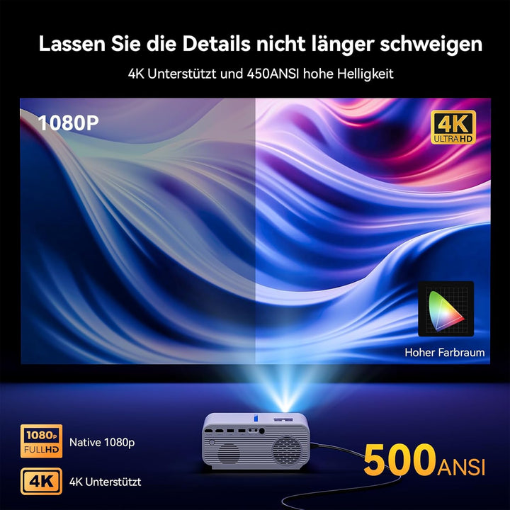 Beamer, Autofokus Beamer 6D 4P Trapezkorrektur Beamer 4K Heimkino Unterstützt, 20000 Lumen WiFi6 Vid