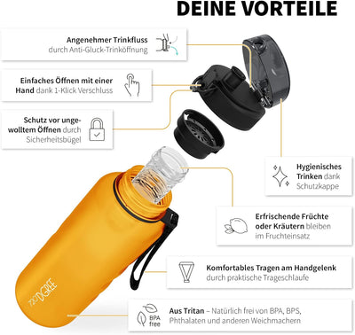 720°DGREE Trinkflasche “uberBottle“ softTouch +Früchtebehälter - 1,5L - BPA-Frei - Wasserflasche für