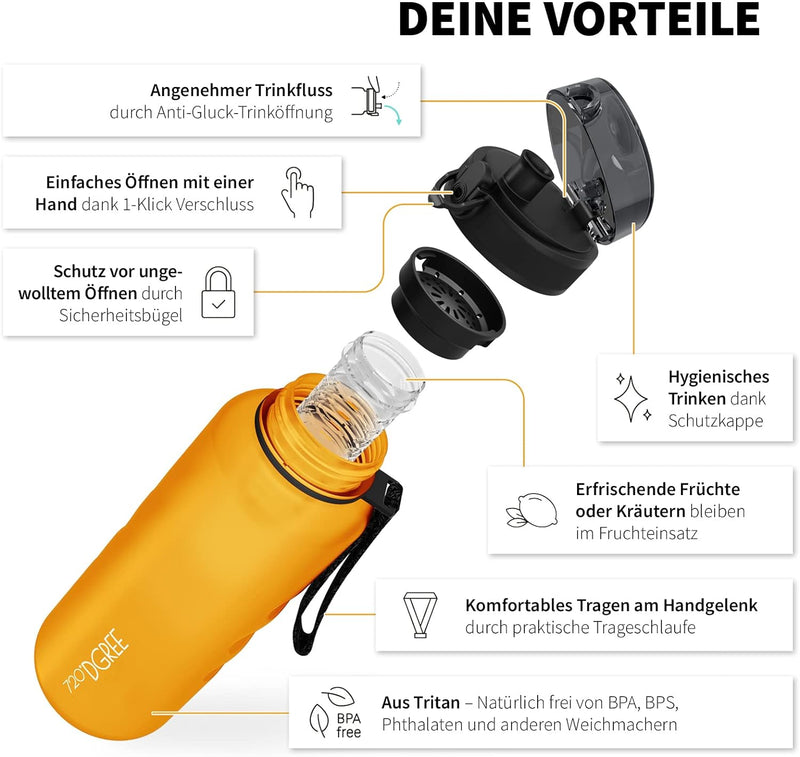 720°DGREE Trinkflasche “uberBottle“ softTouch +Früchtebehälter - 1,5L - BPA-Frei - Wasserflasche für