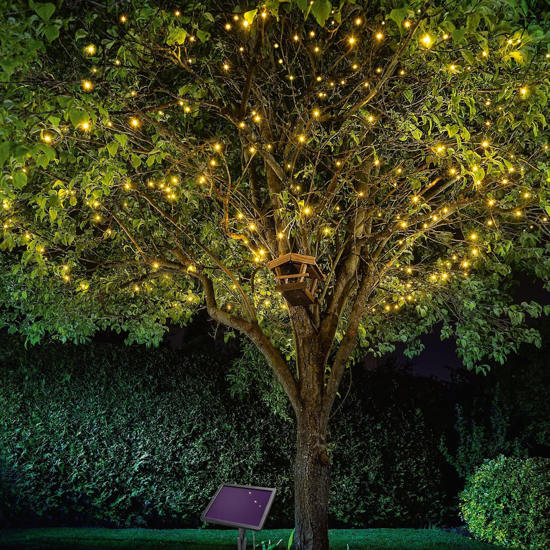 Esotec Solar Lichterkette 200 pro, 20m, Zuleitung 2m, 200 LEDs warmweiss, LiFePo4 Akku, Solarmodul,