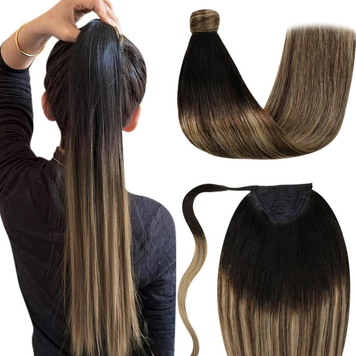 LaaVoo Zopf Extensions Echthaar Balayage Schwarz Extensions Pferdeschwanz Haarteil Echthaar Schwarz