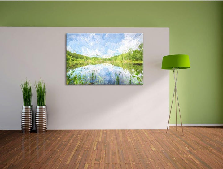 See im Wald Pinsel Effekt, Format: 100x70 auf Leinwand, XXL riesige Bilder fertig gerahmt mit Keilra
