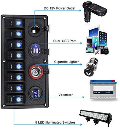 Riloer 8 Gang Rocker Switch On Off Panel Switch Überlastgeschützter USB-Voltmeter für Bootsauto