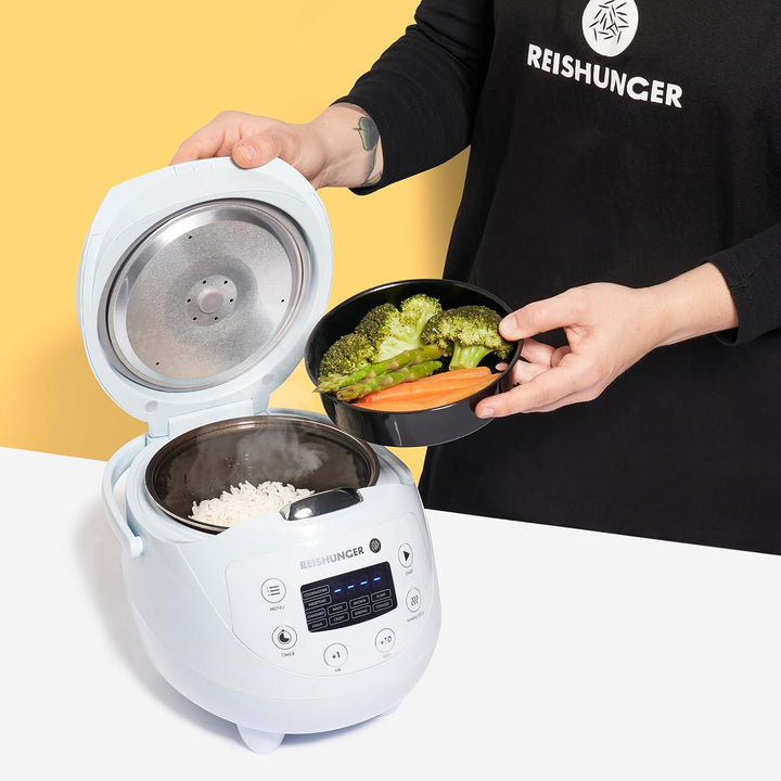 REISHUNGER Digitaler Reiskocher klein, hellblau | 0,6 L bis 3 Personen | Warmhaltefunktion, Timer &