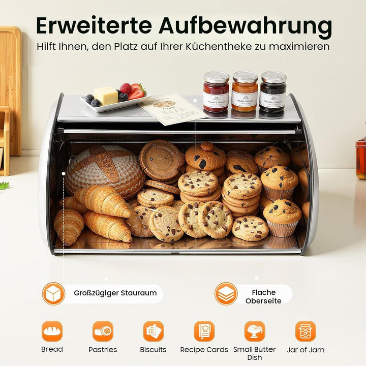 Brotkasten 410 Edelstahl Brotbox mit Rolldeckel Mückenresistente Brotaufbewahrungsbox Brotdose für B