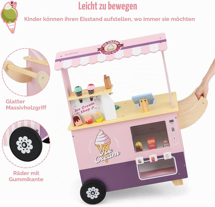 HOMASIS Kinder Eiswagen Holz mit 15 Zubehör, Kaufladen mit 6 Spielzeug-Eiscreme, Eismaschine, Verkau
