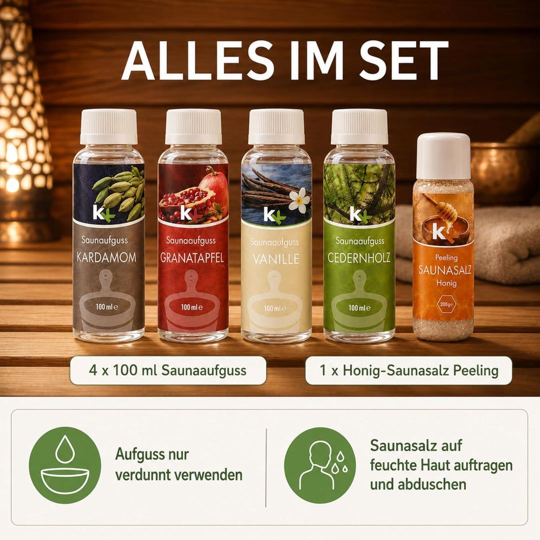 KK Sauna -Set mit Salz Peeling | KK Saunaaufgussset"Orient" 4 x 100 ml + 200 g KK Saunasalz"Honig" |
