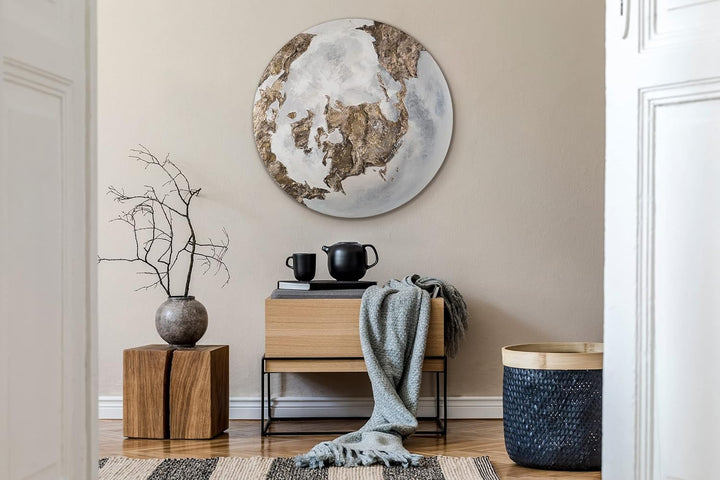 YS-Art Abstrakt Fluoreszierendes leuchtendes Acryl 3D Gemälde auf runder Leinwand Goldene Erde handg