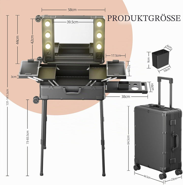 Make-up-Koffer mit Rollen aus Aluminium, grosser Spiegel mit 6 Glühbirnen, Organisation von Kosmetik