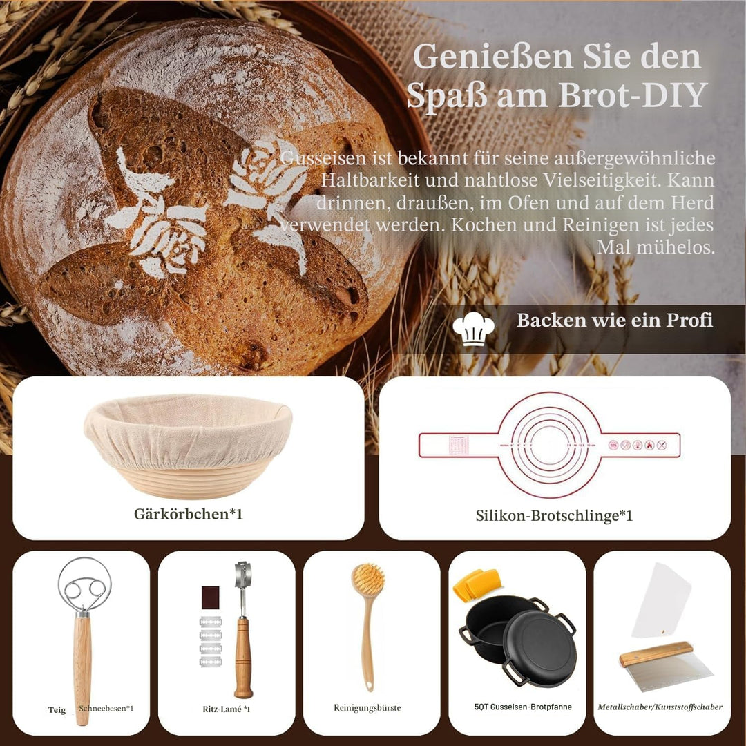 5QT Dutch Oven aus Gusseisen (Sourdough Starter Kit mit Gärkorb, Lamme und Deckel, ideal zum Brotbac