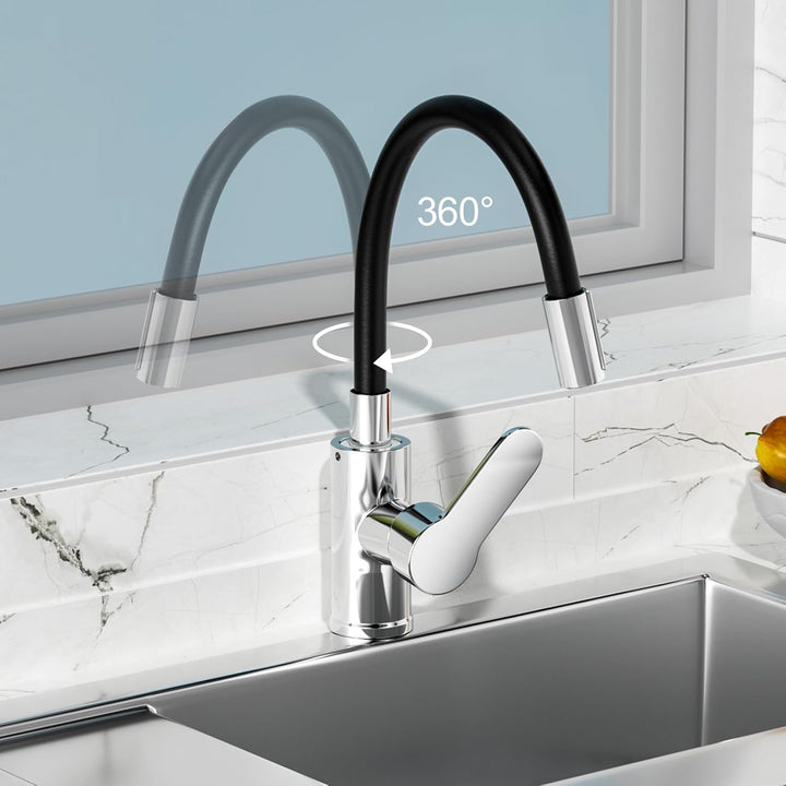 Spültischarmatur 360° Drehbar, Wasserhahn Küche Schwarz, Mischbatterie mit Flexibler Auslauf, Küchen