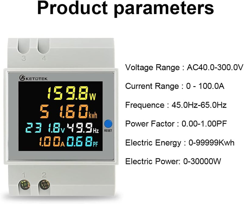 KETOTEK Stromzähler Hutschiene, Digitaler Energiezähler 6in1, AC40-300V 100A Wechselstromzähler KWh