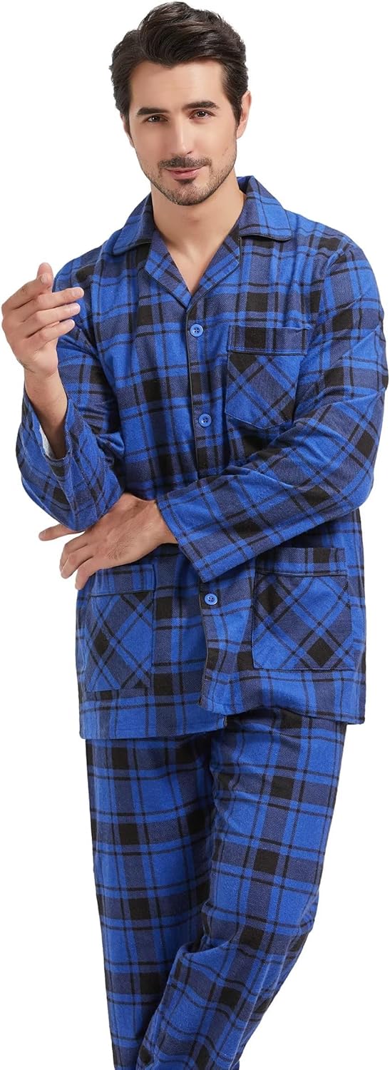 Amaxer Flanell Schlafanzug Herren 100% Baumwolle Pyjama mit Knopfleiste Set Lang Warmer Winter Schla