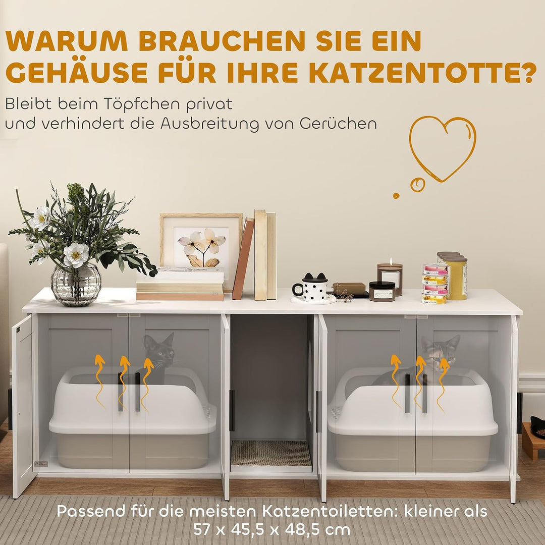 PawHut Katzenklo-Schrank 3 in 1 für Grosse Katzen 145 x 49 x 51 cm Weiss | Katzenschrank, Versteckte