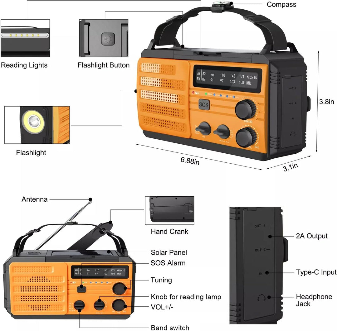 Tragbarer Solarradio Kurbelradio mit 3 Lademöglichkeiten, 8000 mAh Powerbank, AM/FM-Radio, SOS-Alarm