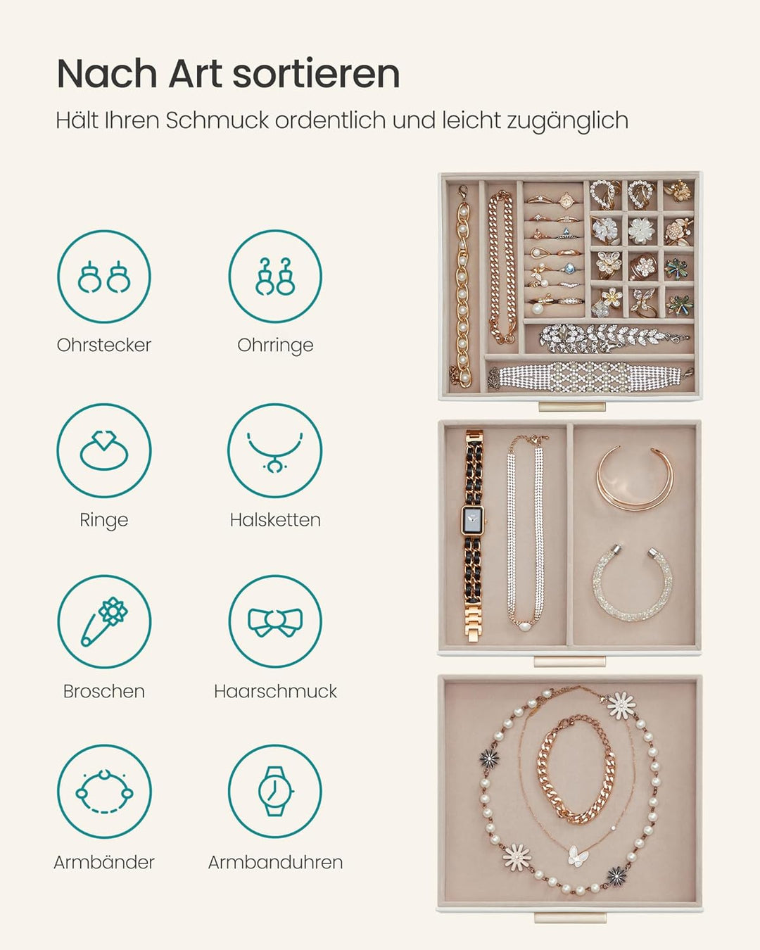 SONGMICS Schmuckkästchen mit Glasdeckel Schmuckkasten mit 3 Ebenen, Schmuckbox mit 2 Schubladen, Sch