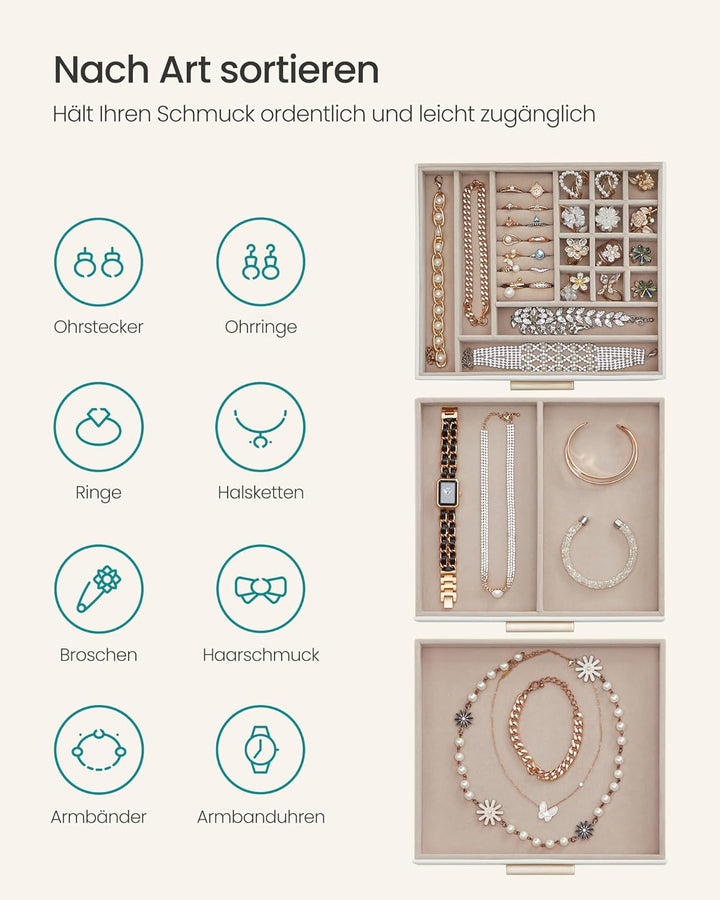 SONGMICS Schmuckkästchen mit Glasdeckel Schmuckkasten mit 3 Ebenen, Schmuckbox mit 2 Schubladen, Sch