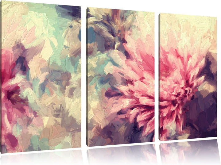 Pixxprint Romantische Blumen Pinsel Effekt 3-Teiler Leinwandbild 120x80 Bild auf Leinwand