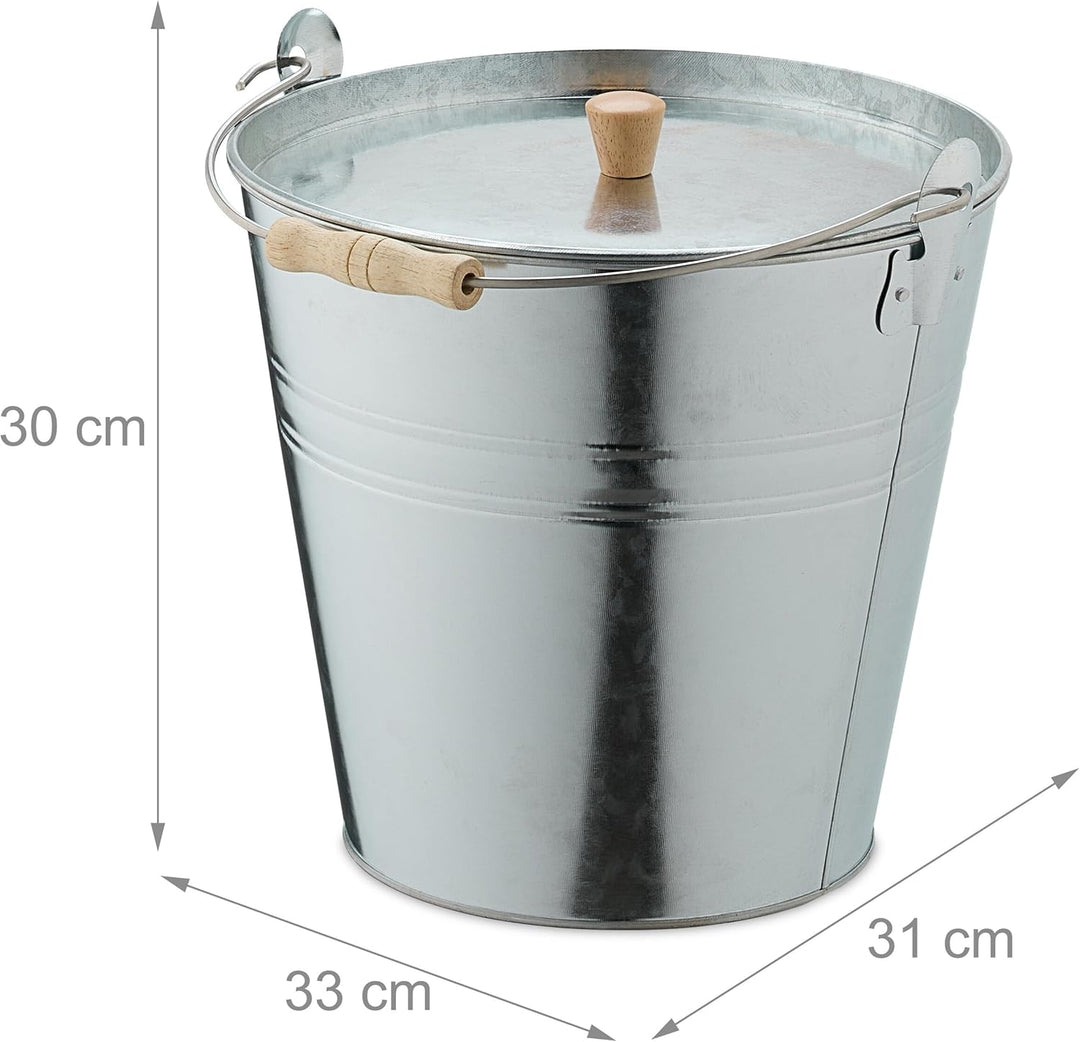 Relaxdays Ascheeimer mit Deckel, 12,5 Liter, Henkel mit Holzgriff, für Kohle & Asche, Kamin, Stahl A