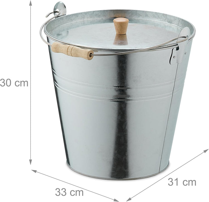 Relaxdays Ascheeimer mit Deckel, 12,5 Liter, Henkel mit Holzgriff, für Kohle & Asche, Kamin, Stahl A