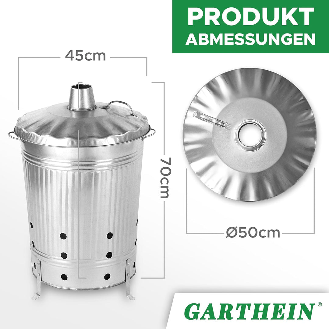 GARTHEIN - 90 Liter Grosse Feuertonne für den Gartenabfall mit Deckel in Silber, Metallfass verzinkt