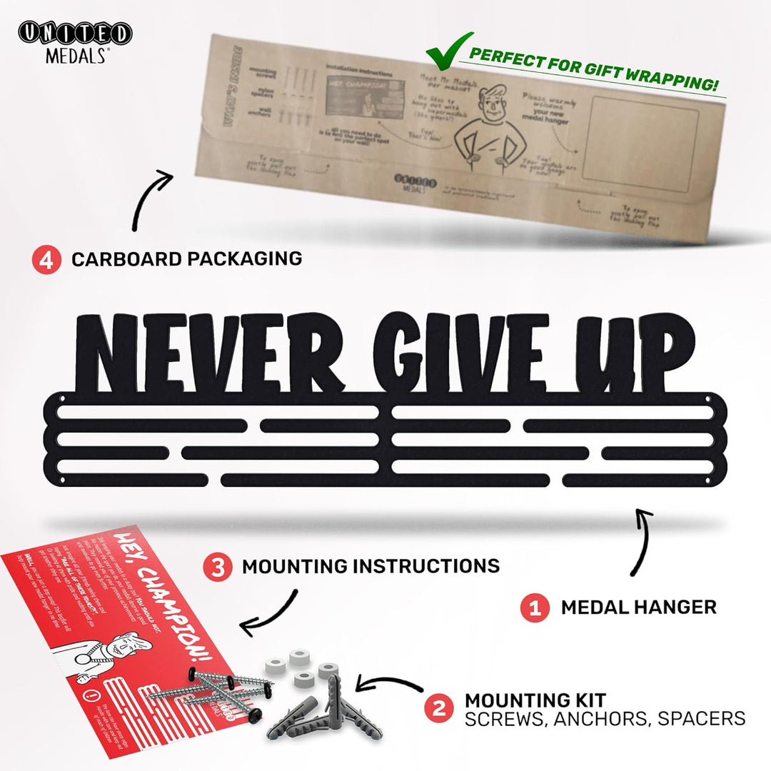 United Medals Never GIVE UP Medaillenhalter Stahl Schwarz | Medaillen Aufhänger | Medal Hanger Holde