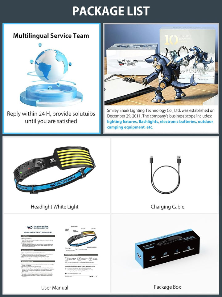 Smiling Shark Kopflampe, Wiederaufladbare LED Stirnlampe Mit 6 Weissen LEDs, Wasserdichte Headlamp f