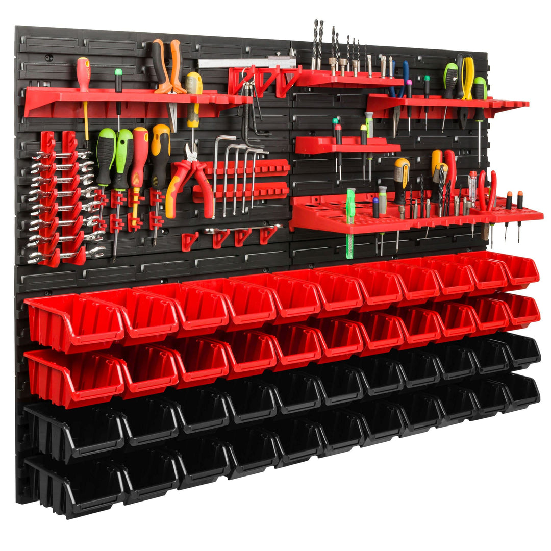 Lagersystem Werkstattregal | 115 x 78 cm | 44 stck. Box | Wandregal mit Werkzeughalterungen und Stap