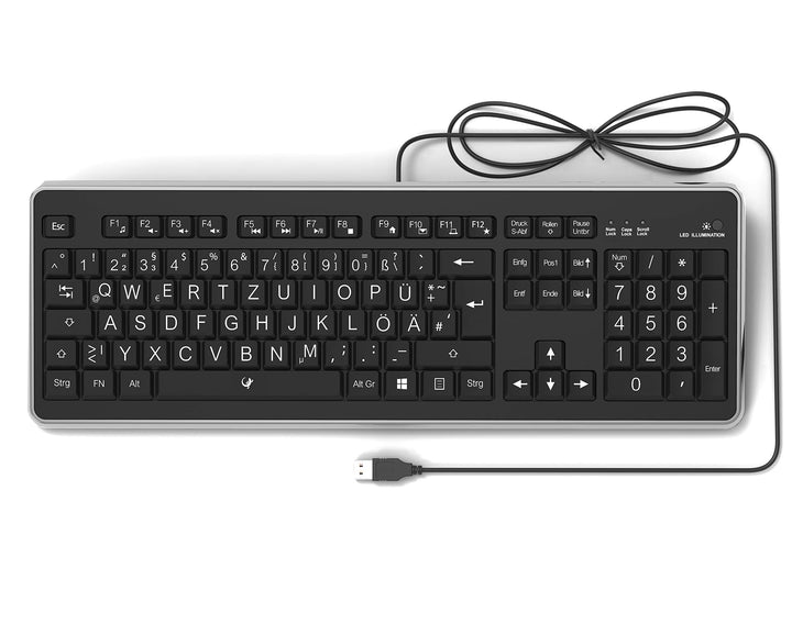 Lacerto® | Deutsche Tastatur (QWERTZ) mit grossen Buchstaben, weisser LED-Beleuchtung &amp; USB-Anschlus