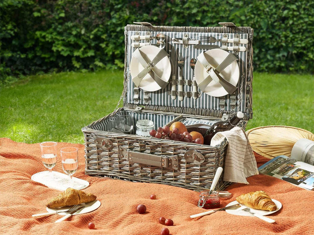 Picknickkorb 4 Personen Weide grau Kühltasche Teller Besteck Weingläser Figue