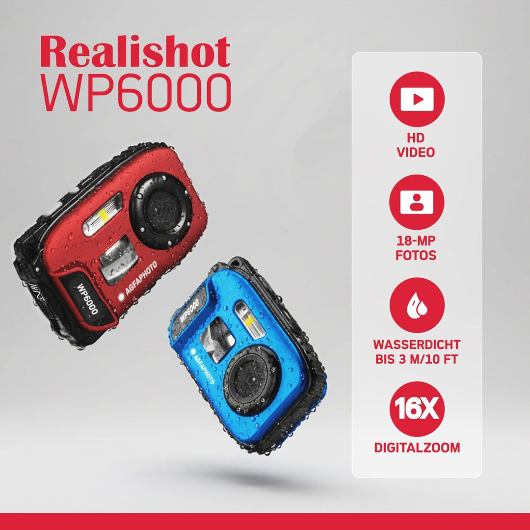 AGFA Photo Realishot WP6000 – wasserdichte Digitalkamera, 3 m/10 ft, 18 MP, HD-Video, 2,4-Zoll-LCD-D