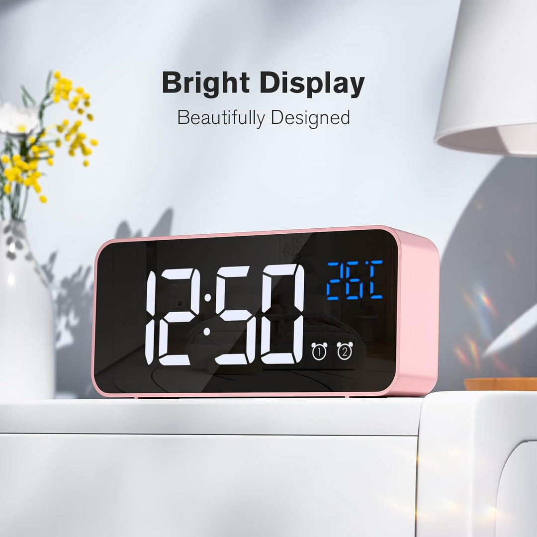 Wecker Digital, LED Digitaluhr mit Temperaturanzeige Tragbarer Spiegelalarm Tischuhr mit 2 Alarmen 1