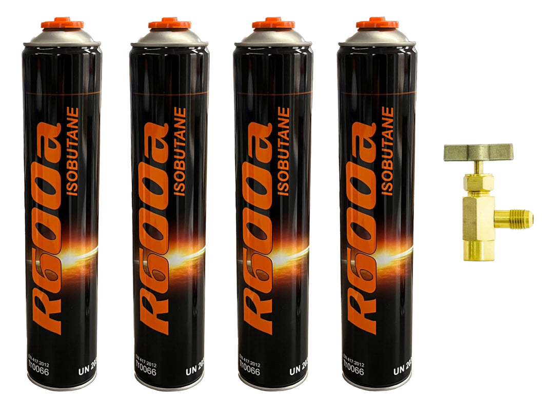 4 x Kältemittel R600a 420g Isobutan + Entnahmeventil/Stechventil