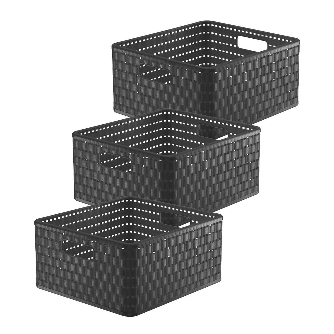 Rotho Country 3er-Set Aufbewahrungsbox Rattan-Optik, Kunststoff (PP) BPA-frei, anthrazit, 14l, (32,8