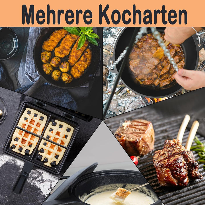 Dutch Oven Set 12-teilig in Holzkiste BBQ Feuertopf mit Füssen und Deckel, Gusseisen Topf Schmortopf