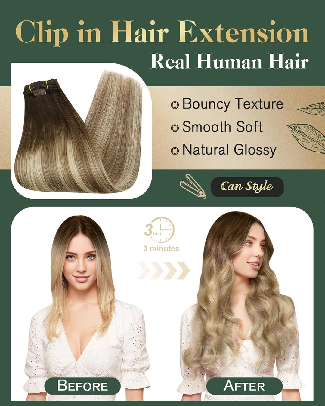 Ugeat 55cm Echthaar Extensions 120 Gramm Clip in Echthaar Tressen Clips Echthaar Dunkel Braun bis Mi