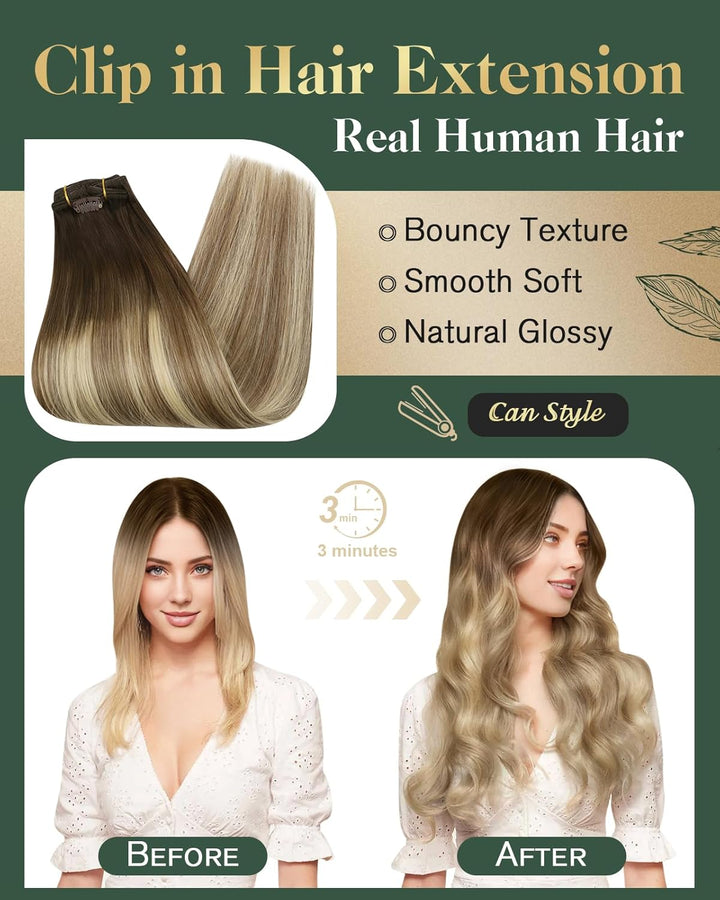 Ugeat 55cm Echthaar Extensions 120 Gramm Clip in Echthaar Tressen Clips Echthaar Dunkel Braun bis Mi