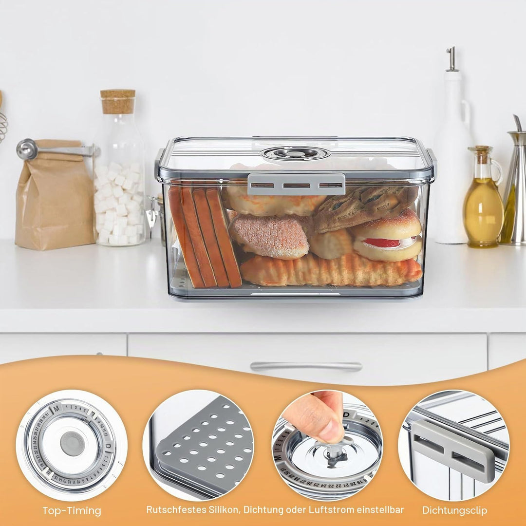 Brotkasten Versiegelt, Brotbox mit luftdichtem Deckel, Grosser Brotkasten mit Zeitaufzeichnungs für