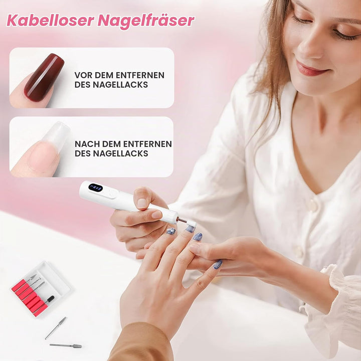Brencco Professionelle Kabellose Nagelfräser,12 in 1 Fräser für Gelnägel 18000 u/min,8 Bohrköpfe Hal