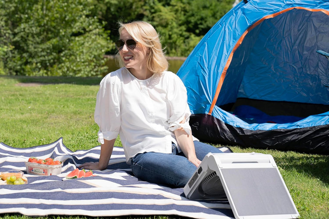 Unold Solar-Campingventilator 86516 – 5 Stufen, 5.000 mAh Powerbank &amp; LED-Licht, Akkubetrieb bis 24h