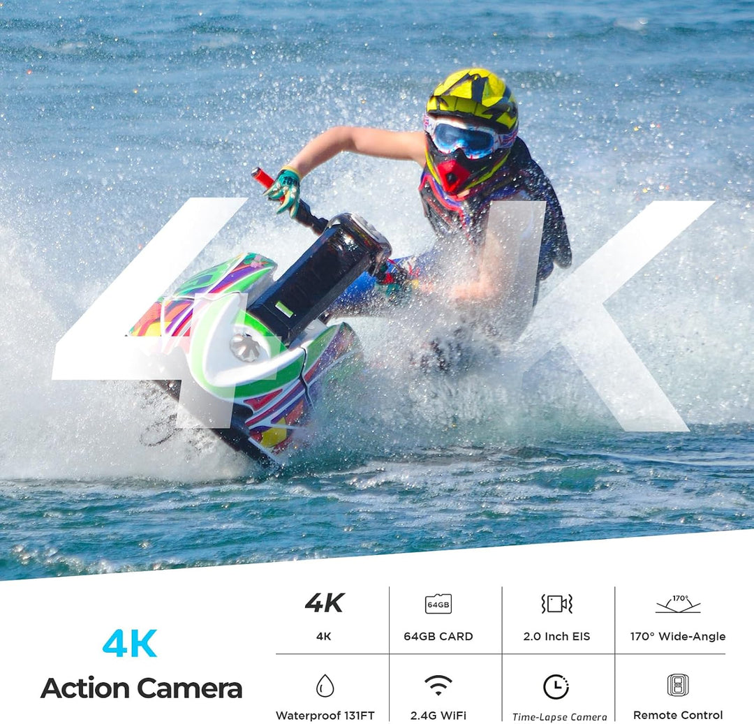 4K Action Cam mit 64G SD Card, 40M Unterwasserkamera WiFi 170° Helmkamera HD 20MP Wasserdicht Action