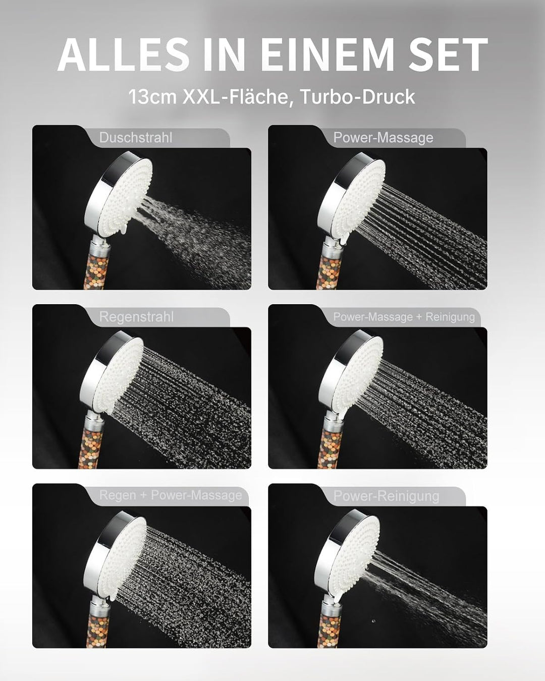 OFFO Filter Duschkopf mit Schlauch 1,6m und Halterung, Handbrause mit 6 Strahlarten, 13cm Duschkopf