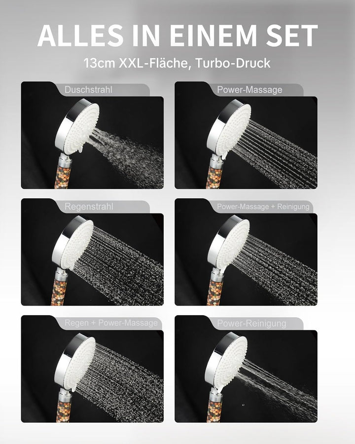 OFFO Filter Duschkopf mit Schlauch 1,6m und Halterung, Handbrause mit 6 Strahlarten, 13cm Duschkopf